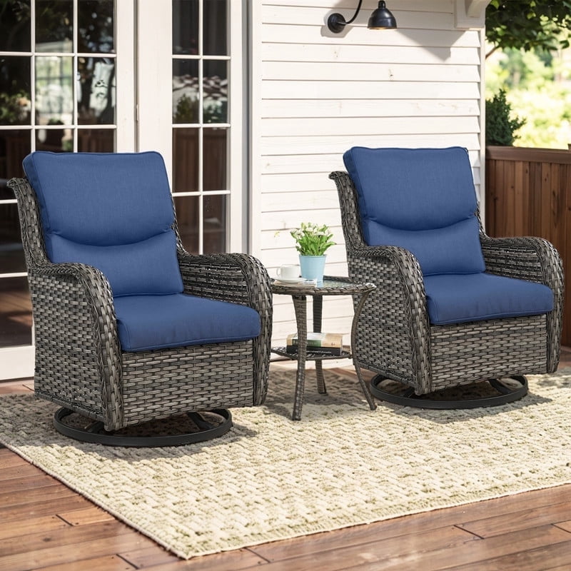 Gymojoy 3 Pieces Patio Furniture Coversation Set, Outdoor Swivel Gliders Rocker, Wicker Patio Bistro Set with Rattan Rocking Chair for Backyard(Navy Blue)