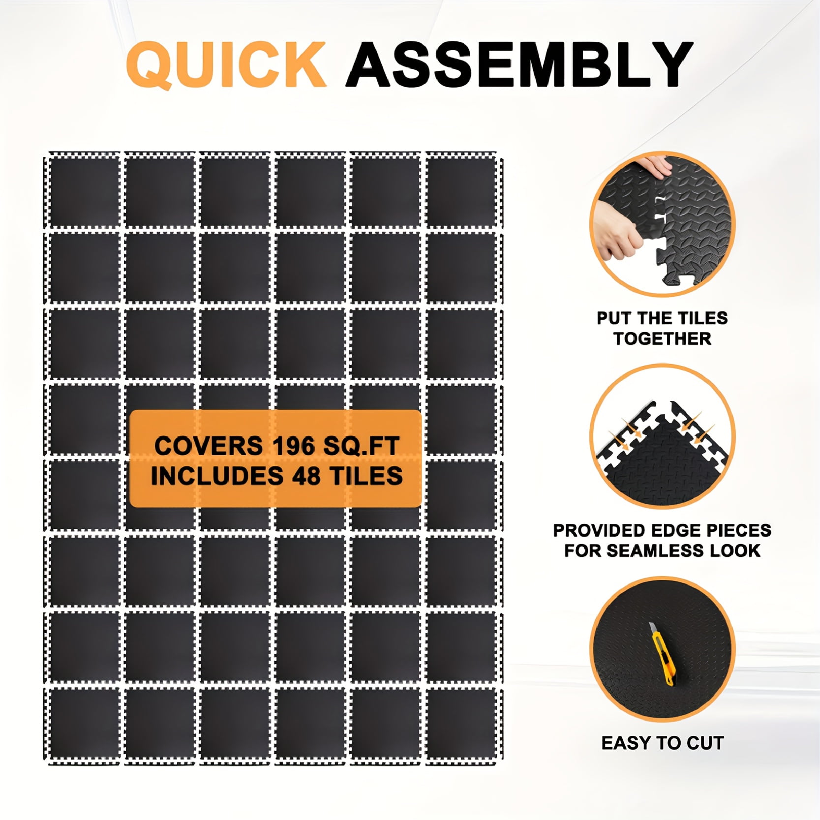EVA Foam Floor Tiles, 24"x24" Interlocking Exercise Mat, 0.4" Thick, Non-Slip Waterproof Gym Mat for Home Workout, Yoga, Pilates & Equipment Flooring