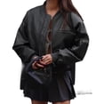 thumbnail image 3 of Womens Faux Leather Bomber Jackets Baseball Collar Zip Up Cropped Biker Coat with Pockets, 3 of 7