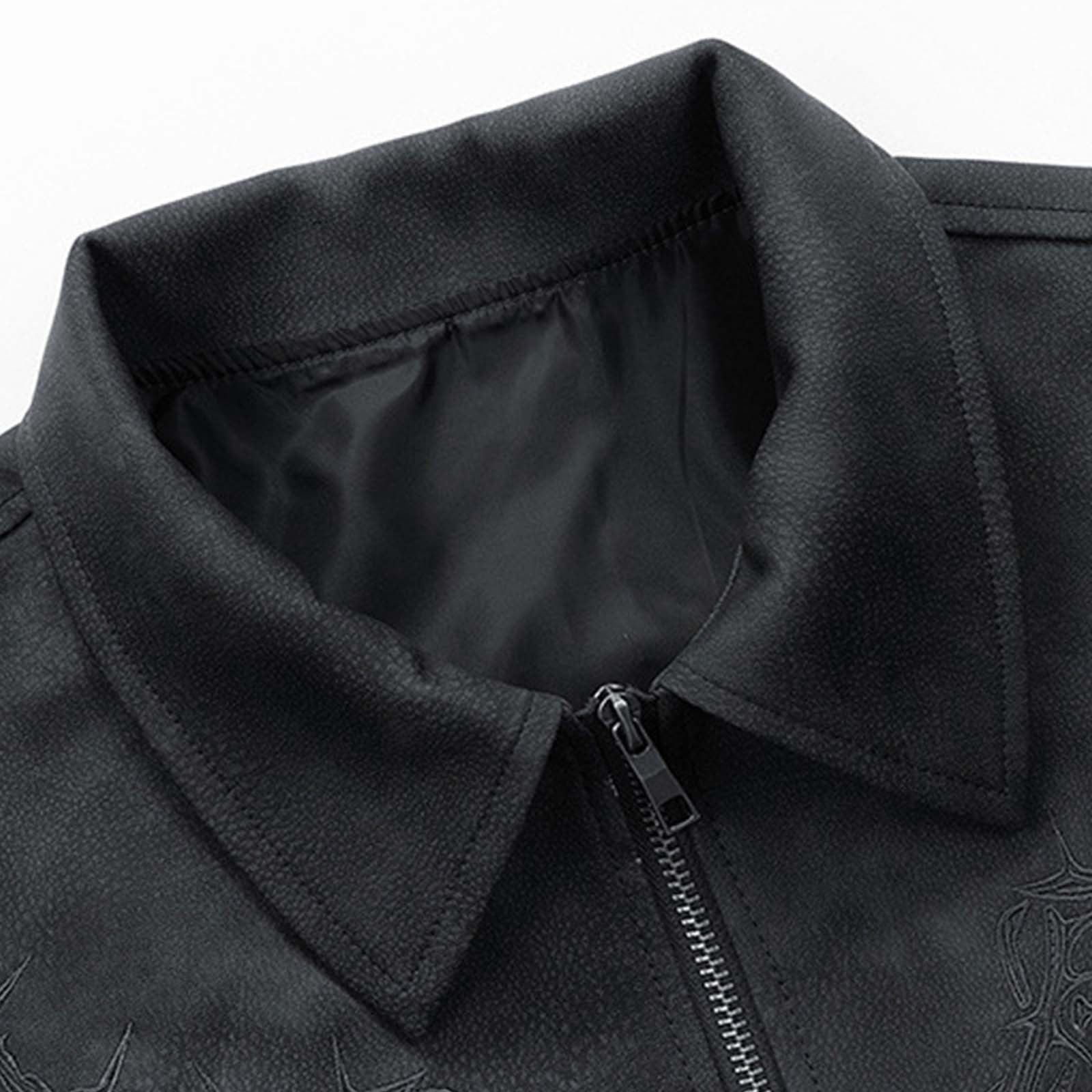 Maoxin Men Leather Jacket Man Embroidery Solid Color Leisure Zipper Pocket Flip Collar Long Sleeves Leather Jacket Leather Jackets for Men Black M