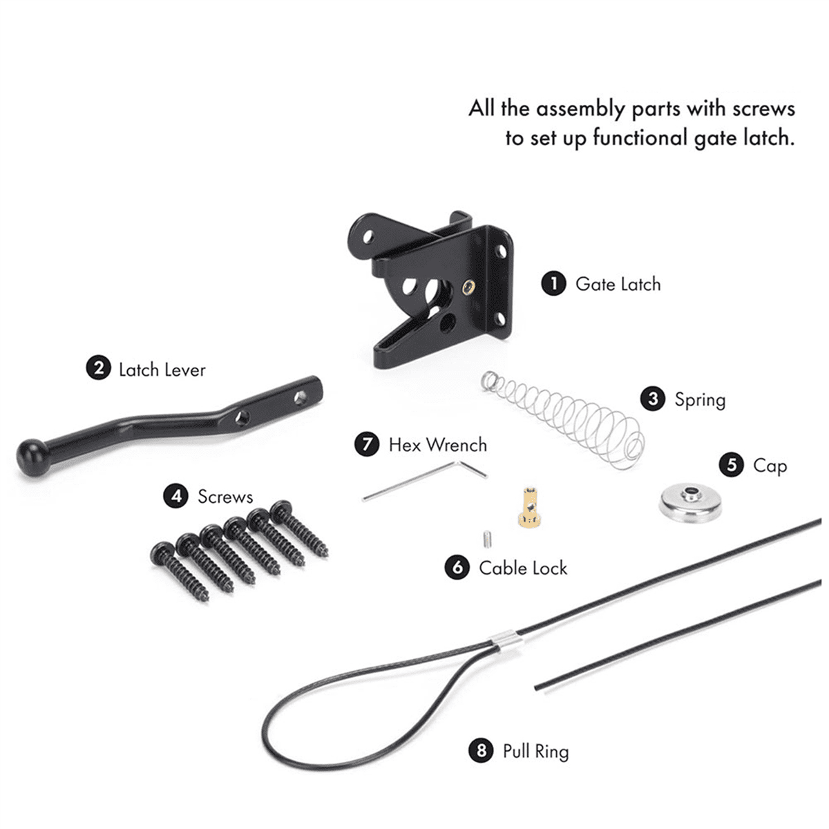 3X Self Locking Gate  for Wooden Fence Heavy Duty, Steel Spring Cable Pull String Gate Hardware Gate Lock