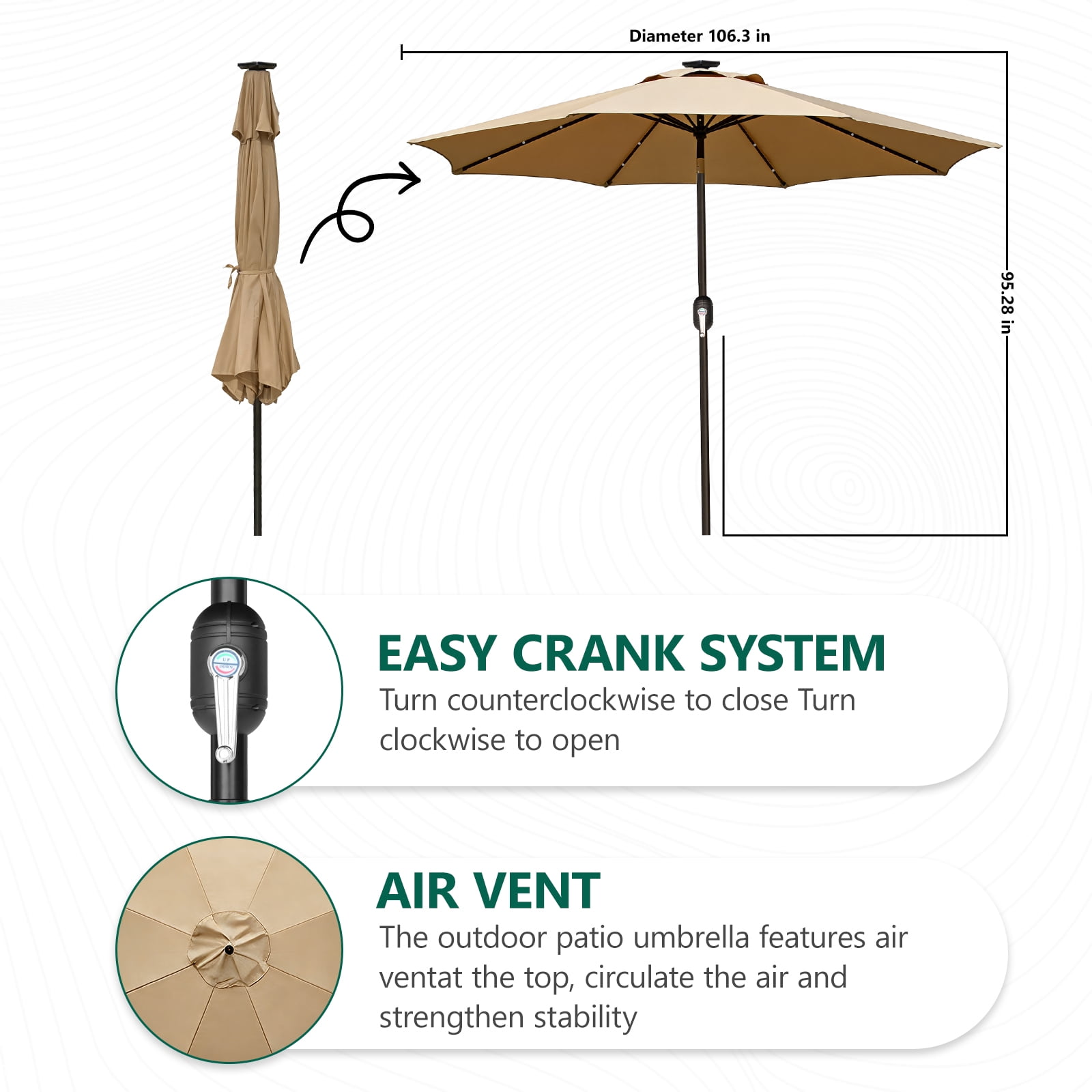 WLLJOY 9ft Solar Patio Umbrella, Tilt Adjustment LED Outdoor Umbrella with 8 Reinforced Ribs for Garden, Backyard, Pool, Khaki