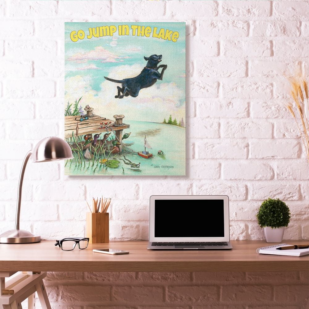 Go Jump In The Lake Funny Cartoon Pet Dog Design Super Oversized Stretched Canvas Wall Art by Gary Patterson