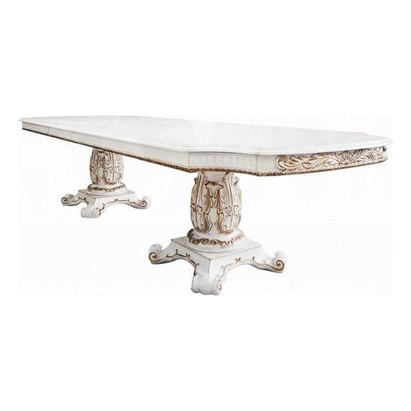 Antoine Dining Table, Carved Double Pedestal, 94-136 Inch, Pearl White