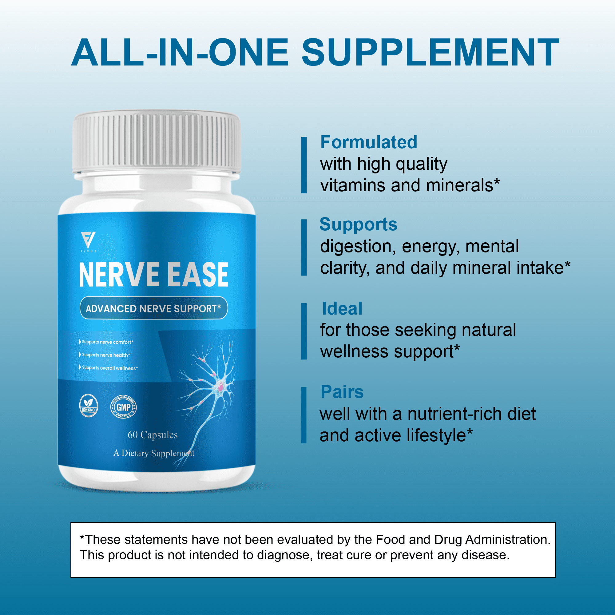 Nerve Ease Pills, NerveEase Premium Nootropic Supplement (60 Capsules)