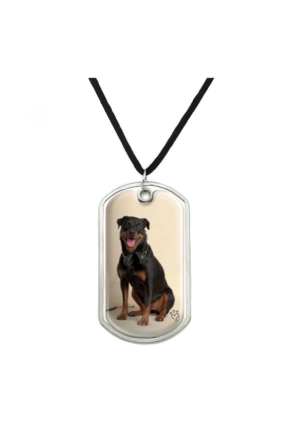 Rottweiler Dog Headphones Sitting DJ Military Dog Tag Pendant Necklace with Cord