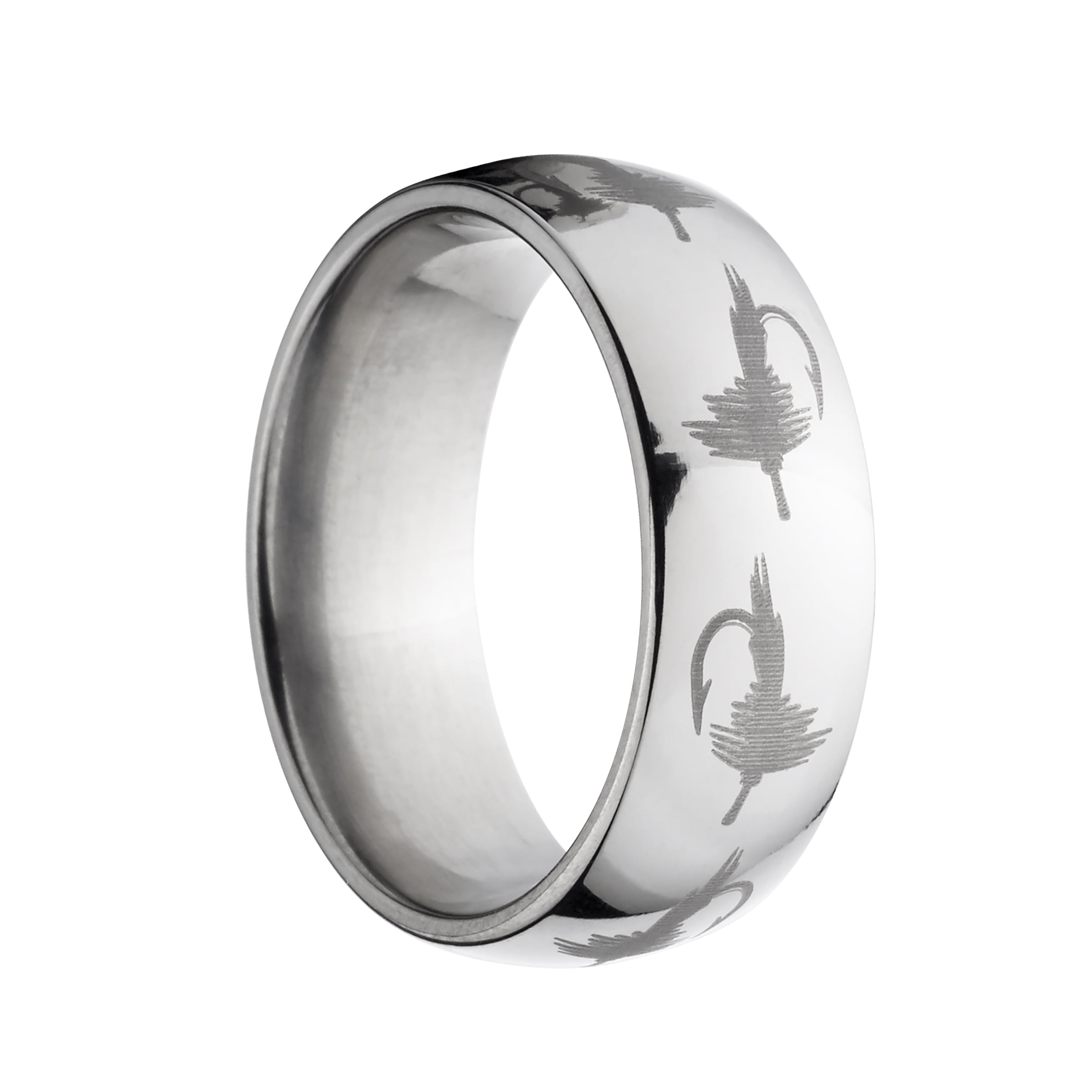 8mm Stainless Steel Ring With Lasered Fly Fish Hooks
