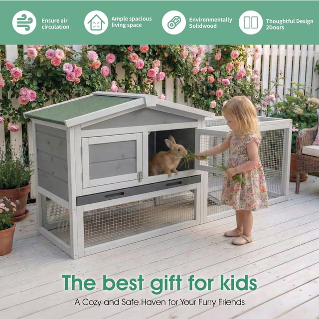 Kojooin 2-Story Rabbit Hutch, Wooden Indoor Outdoor Bunny Cage with Ramp, Removable Tray and Weatherproof Design