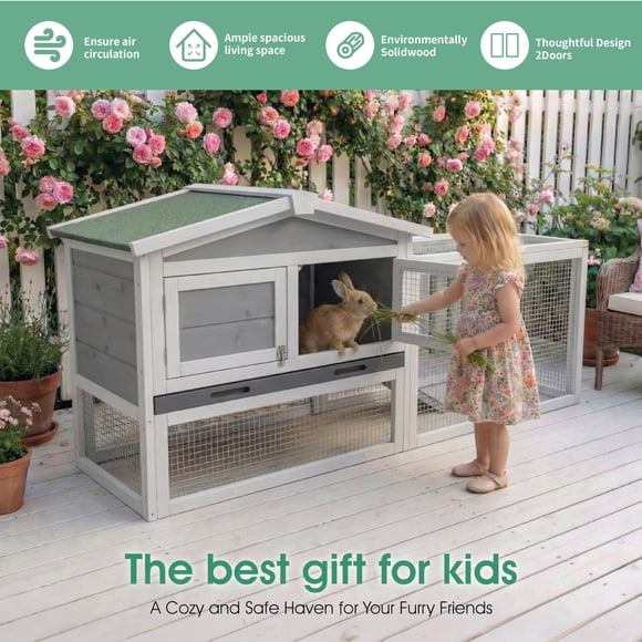 EDTara Indoor Outdoor Rabbit Hutch, Wooden 2-Story Bunny Cage With Leak-Proof Tray, Removable Wire Netting, Weatherproof and Anti-Chew Metal Frame Ramp for Small Animals