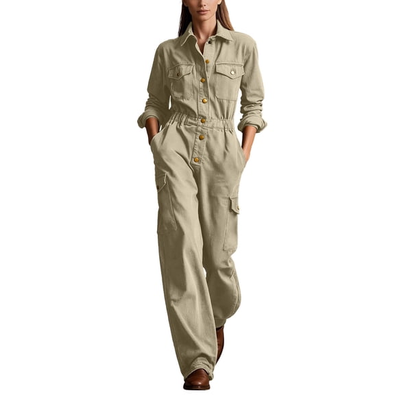 Hueook Jumpsuit for Women Long Sleeve Denim Workwear Button Collar Multi Pocket Trousers Khaki L