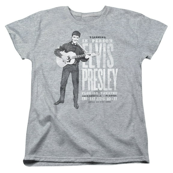 Trevco ELV814-WT-2 Elvis Presley & In Person Short Sleeve Womens T-Shirt, Athletic Heather - Medium