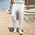 thumbnail image 2 of Men's Waffle Knit Casual Pants Fashion Loose Fit Straight Leg Button Closure Drawstring Elastic Waist for Travel Daily Wear Fall, White, L, 2 of 9