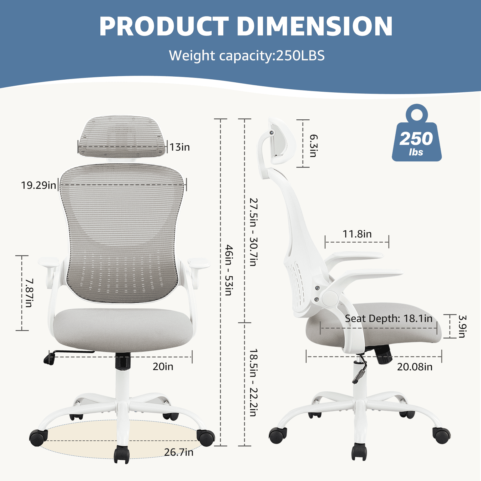 MAYEERTY Ergonomic Office Chair with Headrest, Adjustable Task Chair with Flip-Up Armrests