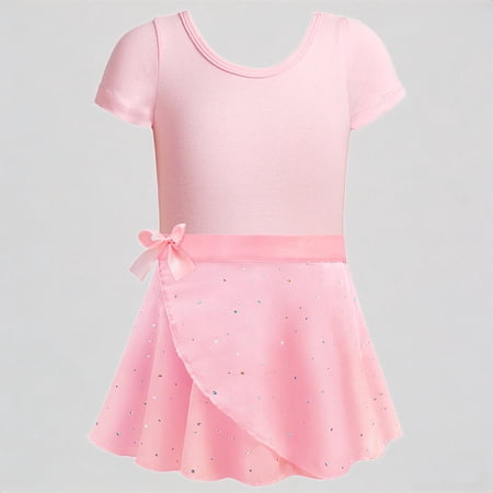 REDARER Girls Short Sleeve Ballet Leotard Dress Glitter Tutu Skirt with Tie Bow Dance Performance Practice Outfit 5-6 Years