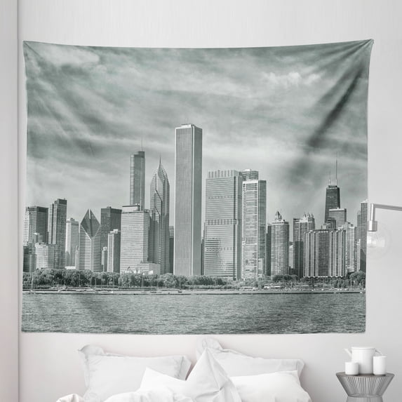 Chicago Skyline Tapestry, Black and White Filtered Photo of Waterfront Cityscape on a Cloudy Day Print, Fabric Wall Hanging Decor for Bedroom Living Room Dorm, 5 Sizes, Grey, by Ambesonne