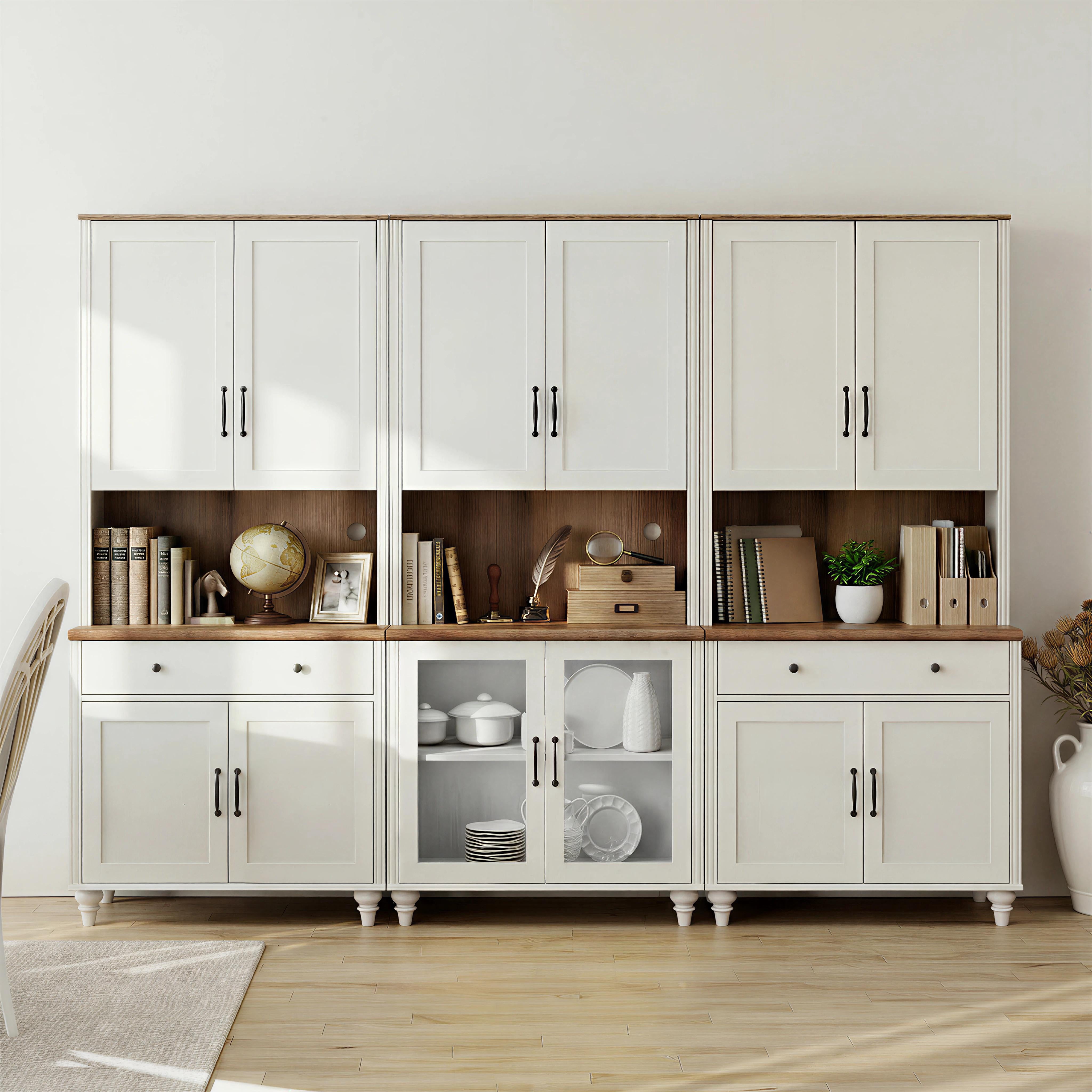 Sideboard Buffet Cabinet with Storage, 5-Tier Bookcase with Glass Doors with Ample Storage Cabinets, Large Library Wooden Bookshelves for Living Room, Office, Study Room, White, 72" H