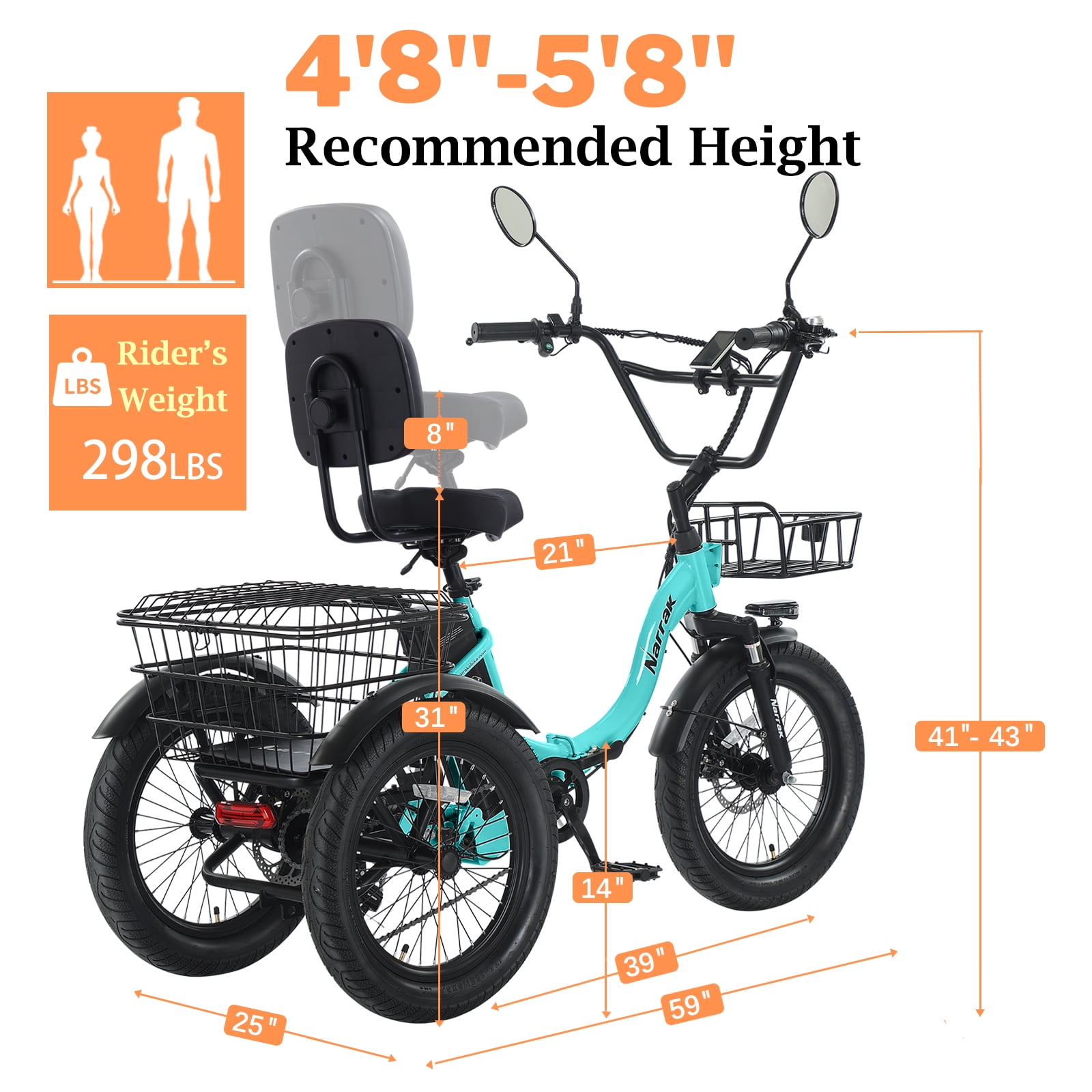 Narrak Electric Tricycle for Adults, Fat Tire Folding Electric Trike, 3 Wheels Electric Bicycle Bikes, Peak 1100W Step-Thru Etrike with 624WH Removable Battery and Large Basket for Women Men