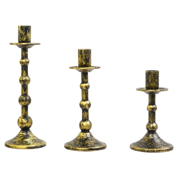 3 Pcs Antique Gold Cast Iron Candle Holders Set, Vintage Decorative Taper Candlesticks with Roman Column Design, Table Centerpieces for Home Decor, Wedding, Parties