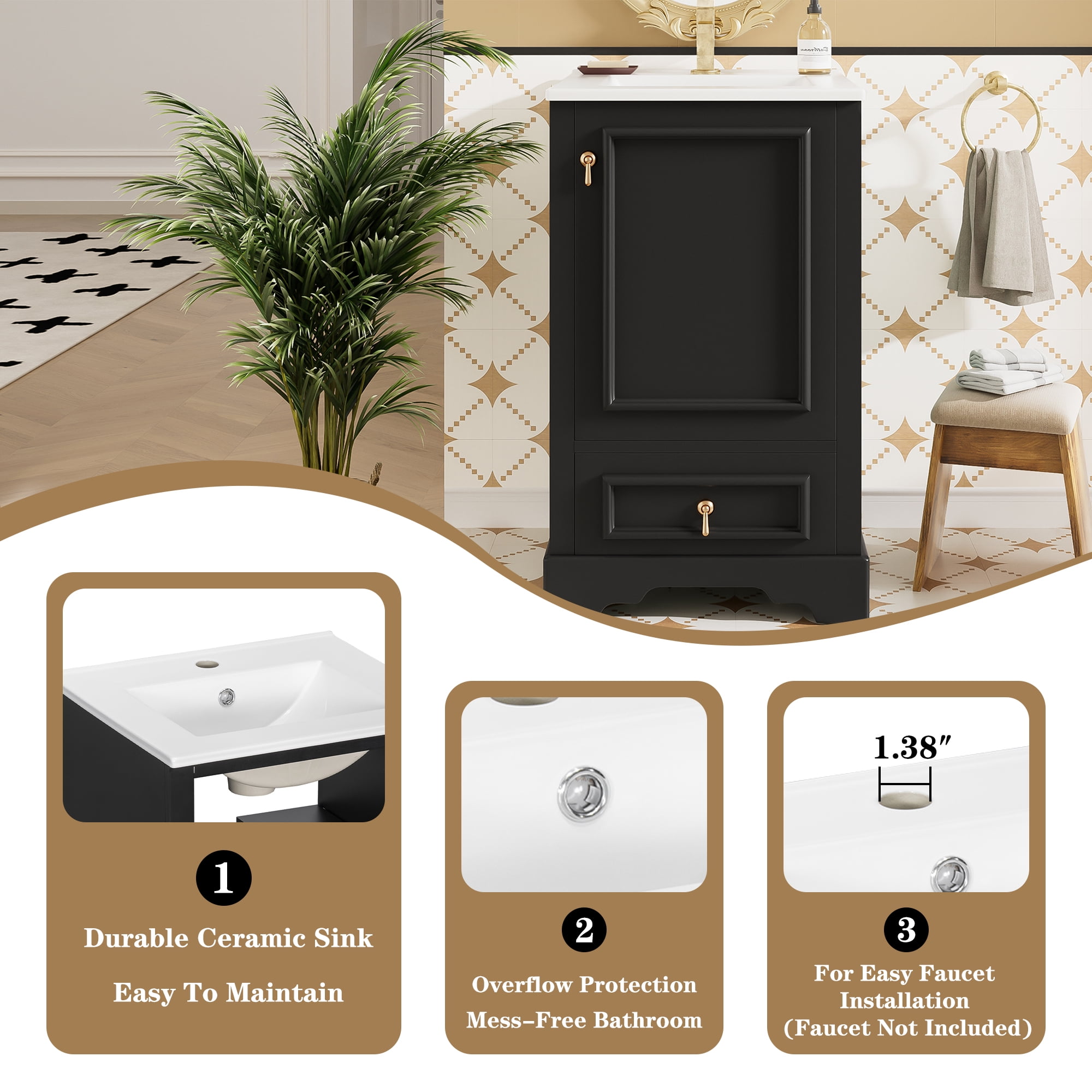 20 Inch Bathroom Vanity with Ceramic Sink, Soft Close Door, Adjustable Shelf & Storage Rack, Space-Saving Modern Vanity for Small Bathrooms,Black