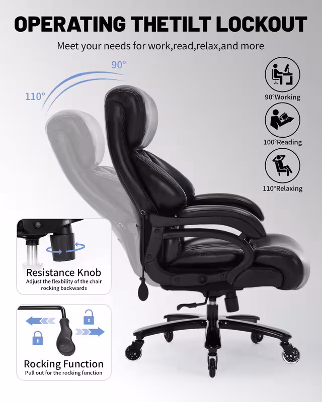 Qusaphy Big and Tall Office Chair, PU Leather Executive Chair, 600 lbs 8-Hour Heavy-Duty Design with Adjustable Lumbar Support, Suitable for Shag Carpets