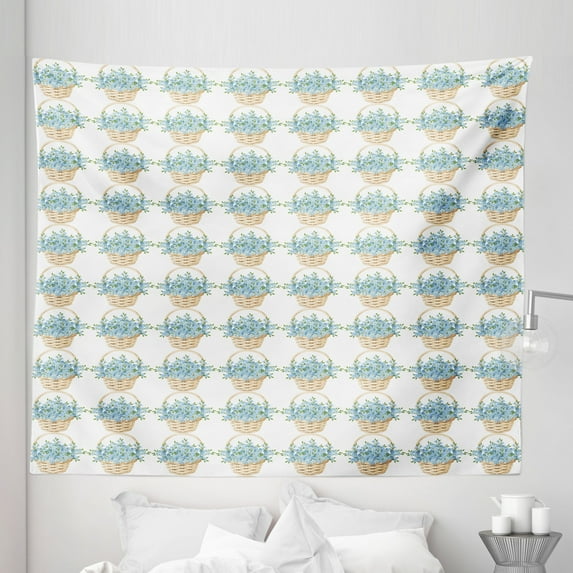 Ivory and Blue Tapestry, Wicker Basket Design with Spring Season Blooming Flowers, Fabric Wall Hanging Decor for Bedroom Living Room Dorm, 5 Sizes, Pale Blue Ivory, by Ambesonne