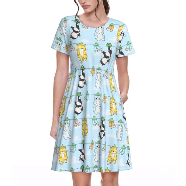 Easygdp Cartoon Cat para Vestido Transpirable de Mujer, Vestido Suelto de Manga Corta con Pliegues y Bolsillos para el Verano