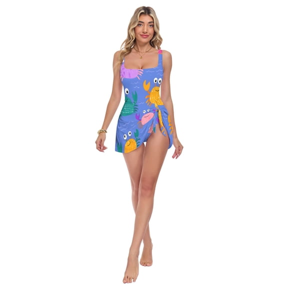 Womens Crab Colorful Pattern Print 2-in-1 Swim Dress Detachable Skirt One-Piece Swimsuit Square Neck S-XXL