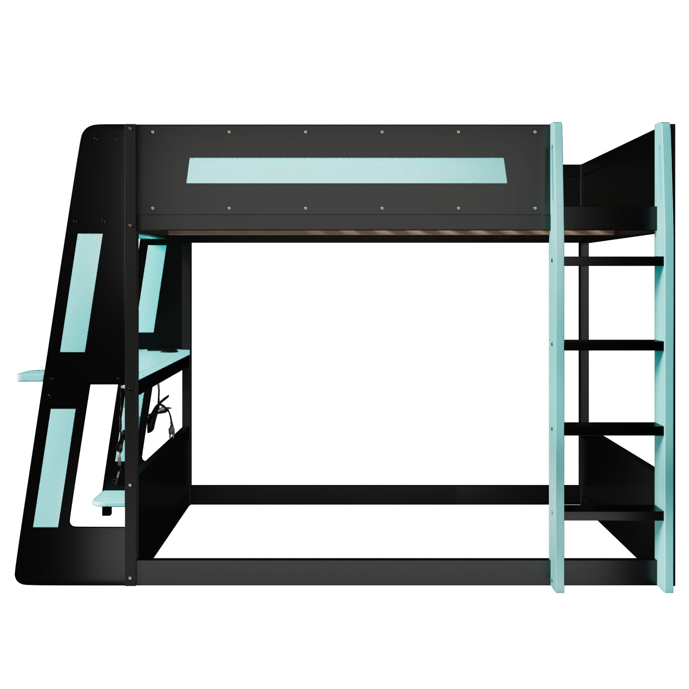 Noble House Nira Full Gaming Bunk Bed with Desk and LED Lights, Wood Loft Bed with Charging Ports, Black and Blue