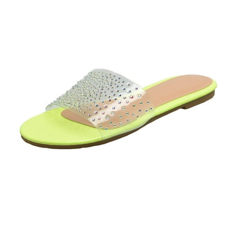 

VKEKIEO Women s Leisure Vacation Open Toe Rhinestone Transparent Upper Flat Beach Slippers