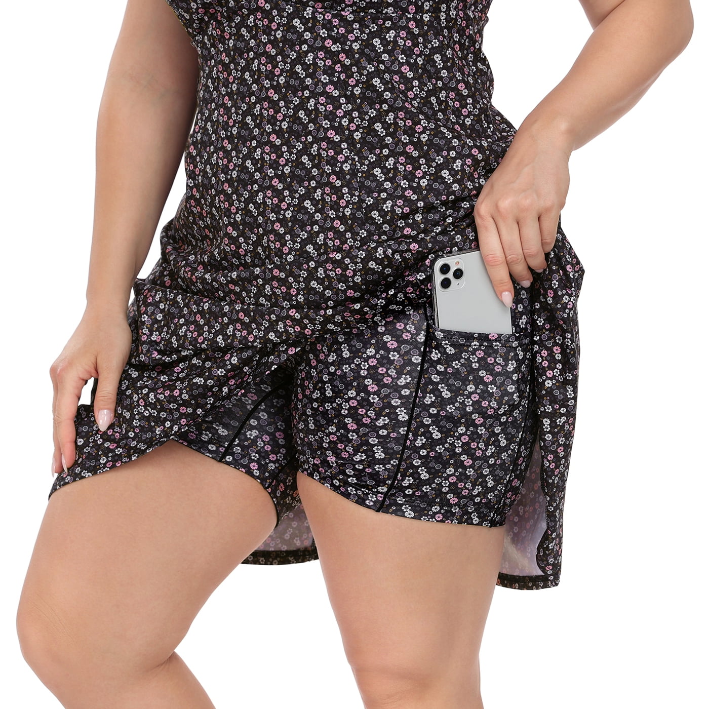 HDE Womens Plus Size Tennis Athletic Workout Dress with Built-in Shorts & Bra Black Ditsy Floral - 28