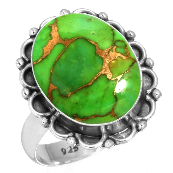 925 Sterling Silver Ring For Women - Teens Copper Green Turquoise Gemstone Silver Ring Size 8.5 Costume Silver Ring Size 8.5 Valentine's Day Gift For Girl Friend 925 Silver Gemstone Jewelry