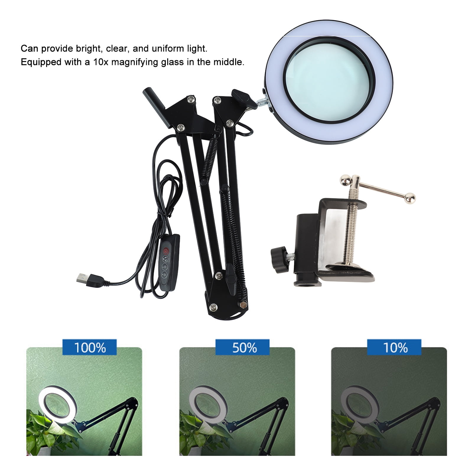 M Buder Magnifying Lamp 10X Magnifier Desk LED Light Adjustable Gooseneck with Clamp for Beauty Makeup Maintenance Black 12.2 inches / 31 cm