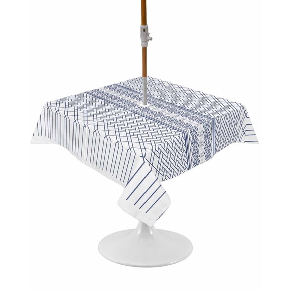 Blue Geometric Square Outdoor Tablecloth, Waterproof Table Cloth Cover with Umbrella Hole and Zipper, Modern Blue Striped Abstract Art Table Protector for Patio Party Picnic 60"x60"