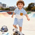 thumbnail image 4 of Kaprioy Boys Summer Outfits Boys Clothes Set 6 12 18 24 Months 2T 3T Solid Color Lapel Short Sleeve Single-Breasted Tops + Shorts Outfits, 4 of 5