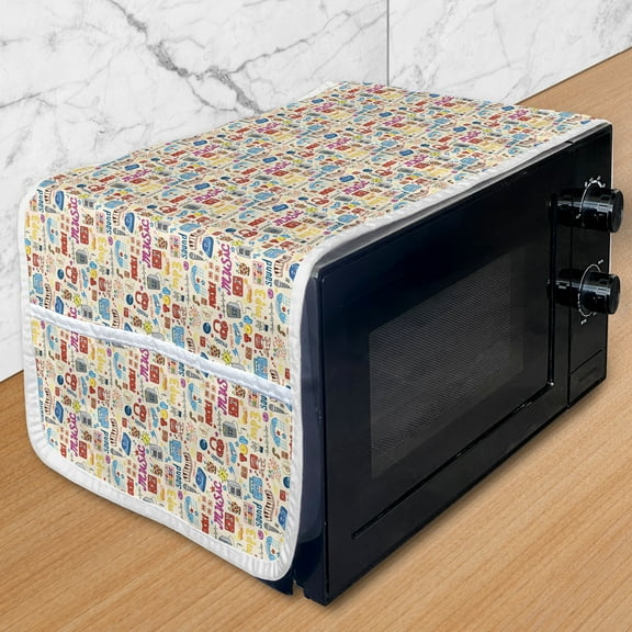 Music Microwave Oven Cover, Retro Pop Art Style Music Casette Tapes Records Rock Headphones DJ Image, Water Resistant Organizer with Pockets for Kitchen, 36" x 12", Multicolor, by Ambesonne