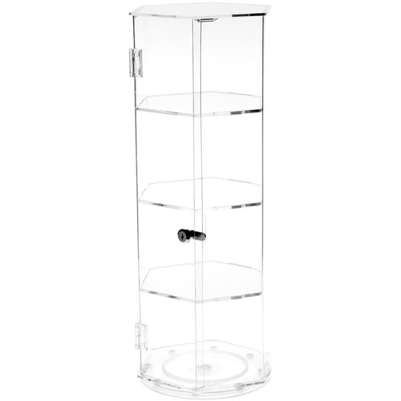 Plymor Clear Acrylic Hexagonal Locking Display Case, Rotating Base, 3 Shelves, 24.5" H x 9.5" W x 9.5" D
