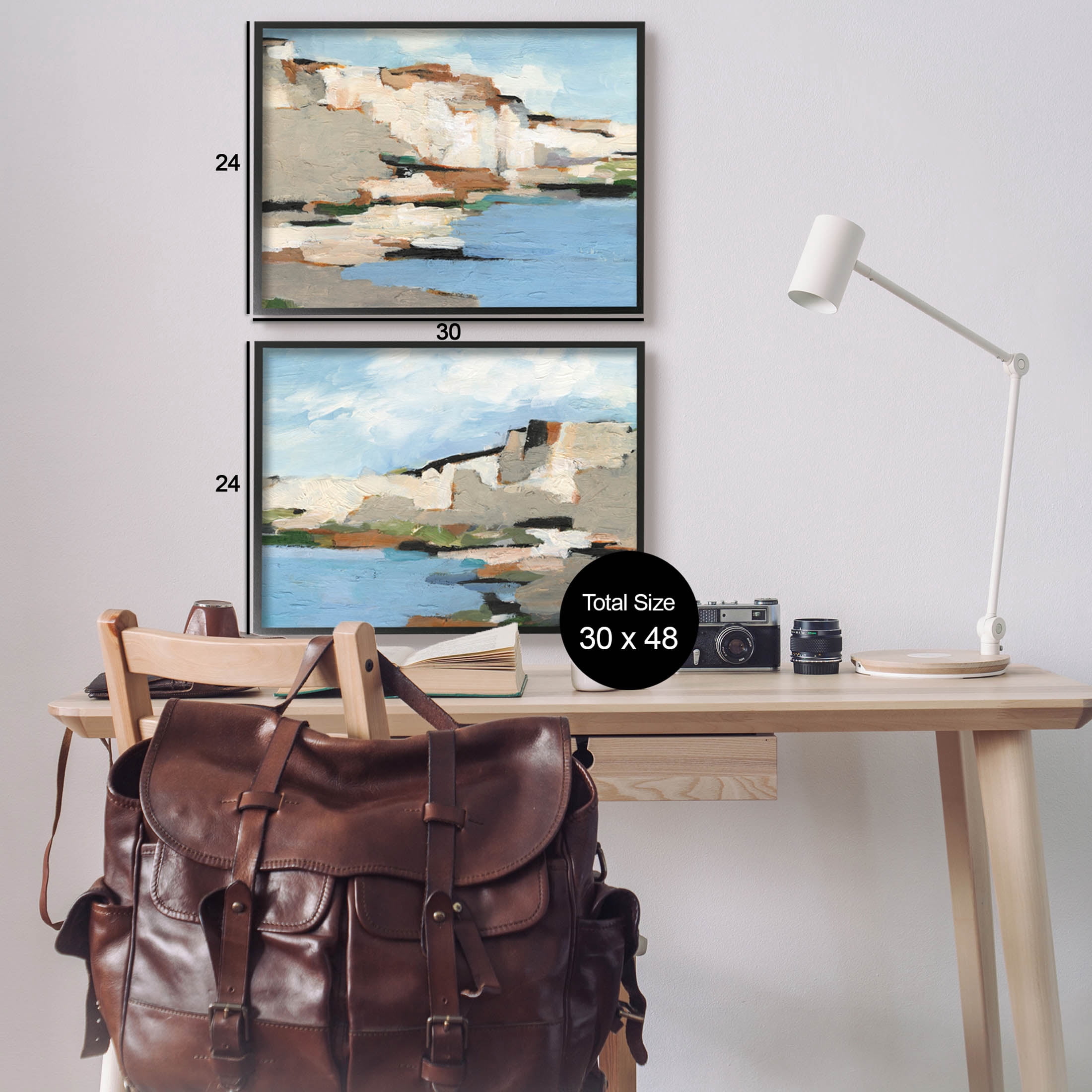 Seaside Cliff Modern Landscape Landscape Painting Black Framed Art Print Wall Art, Set of 2