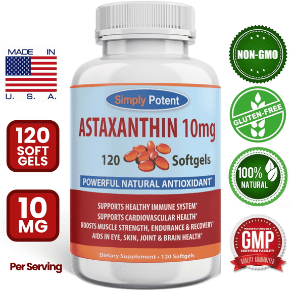 Simply Potent Astaxanthin 10mg Supplement — 120 Softgels (4 Month Supply) | Natural Algae Antioxidant for Eye, Joint, Skin, Heart & Brain Health | Non-GMO, Gluten Free