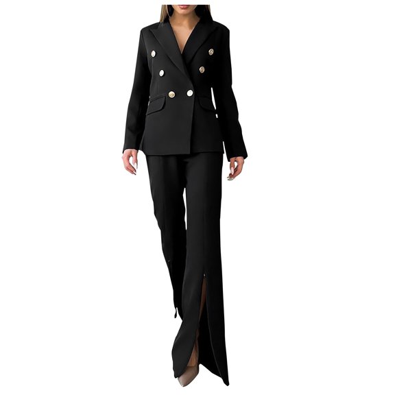 ICHUANYI Women's Fashion Double-Breasted Business Blazer Pant Suit Set for Work Fall Winter Outfits 2023