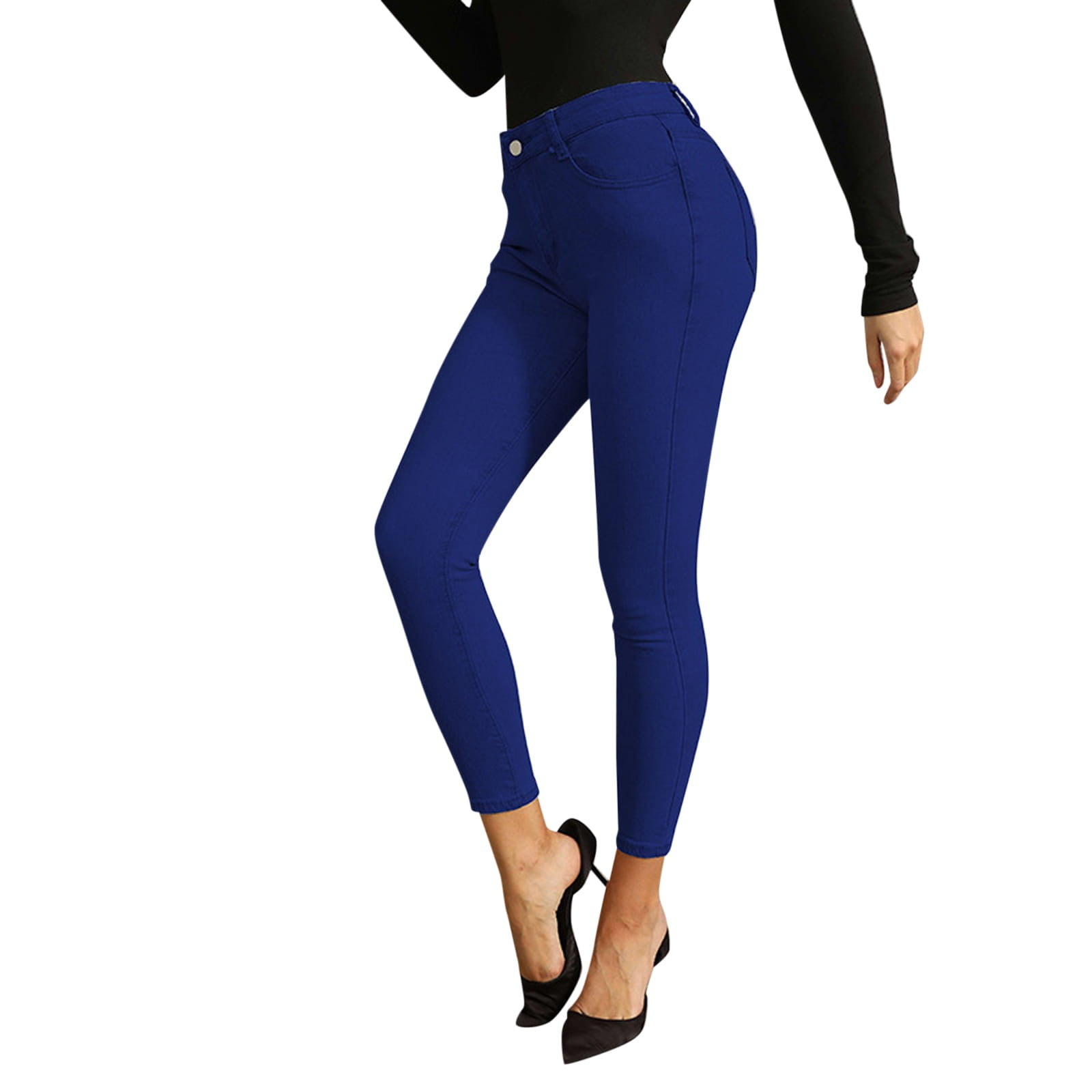 Denim Pants For Women Elastic Waist Slim High Waist Solid Color Medium Wash Skinny Jeans