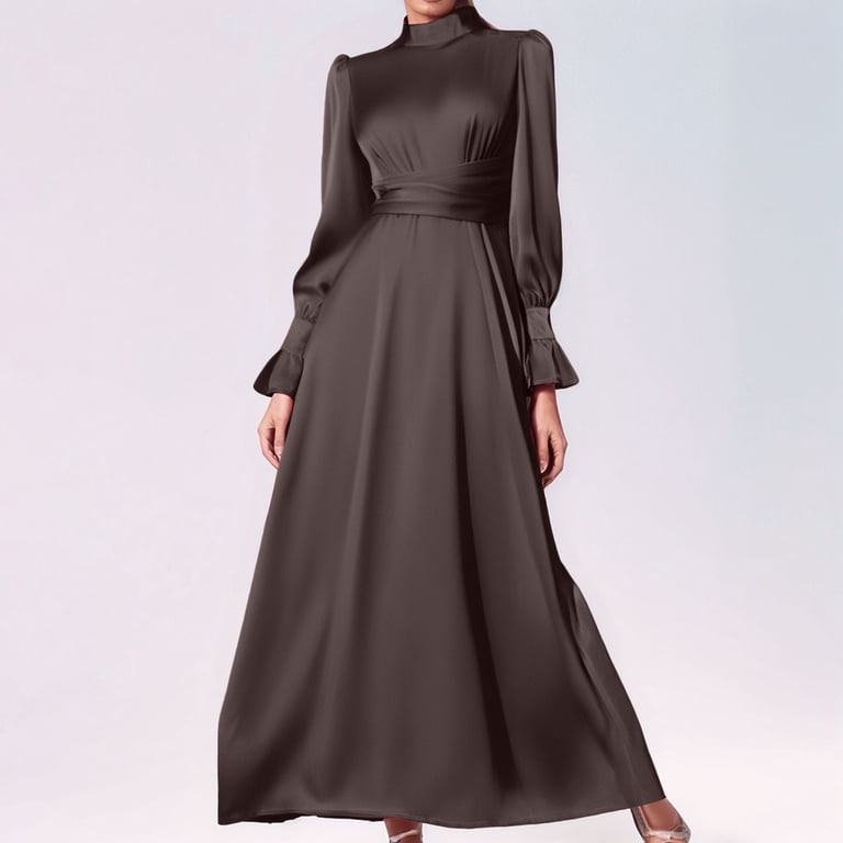 high neck long sleeve maxi dress formal Xiaonu Women's High-Neck Long-Flare-Sleeve Maxi Dresses Wedding Evening Gown, Size: Large, Brown mini-occasion