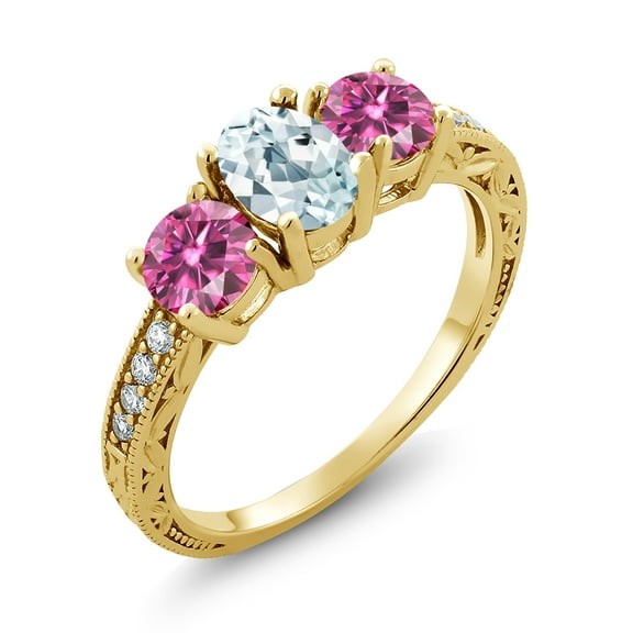 Gem Stone King 18K Yellow Gold Plated Silver Ring Aquamarine Pink Moissanite (1.87 Cttw) (Size 7)