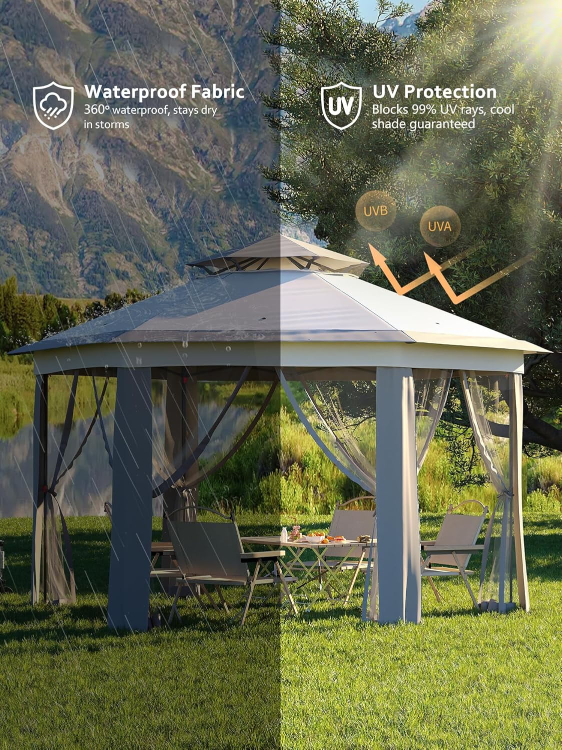 Senfot 13.29x13.29x9.25 FT Hexagonal Gazebo Screen Tent with Mosquito Netting Waterproof UV Protection for Patio Garden Gray