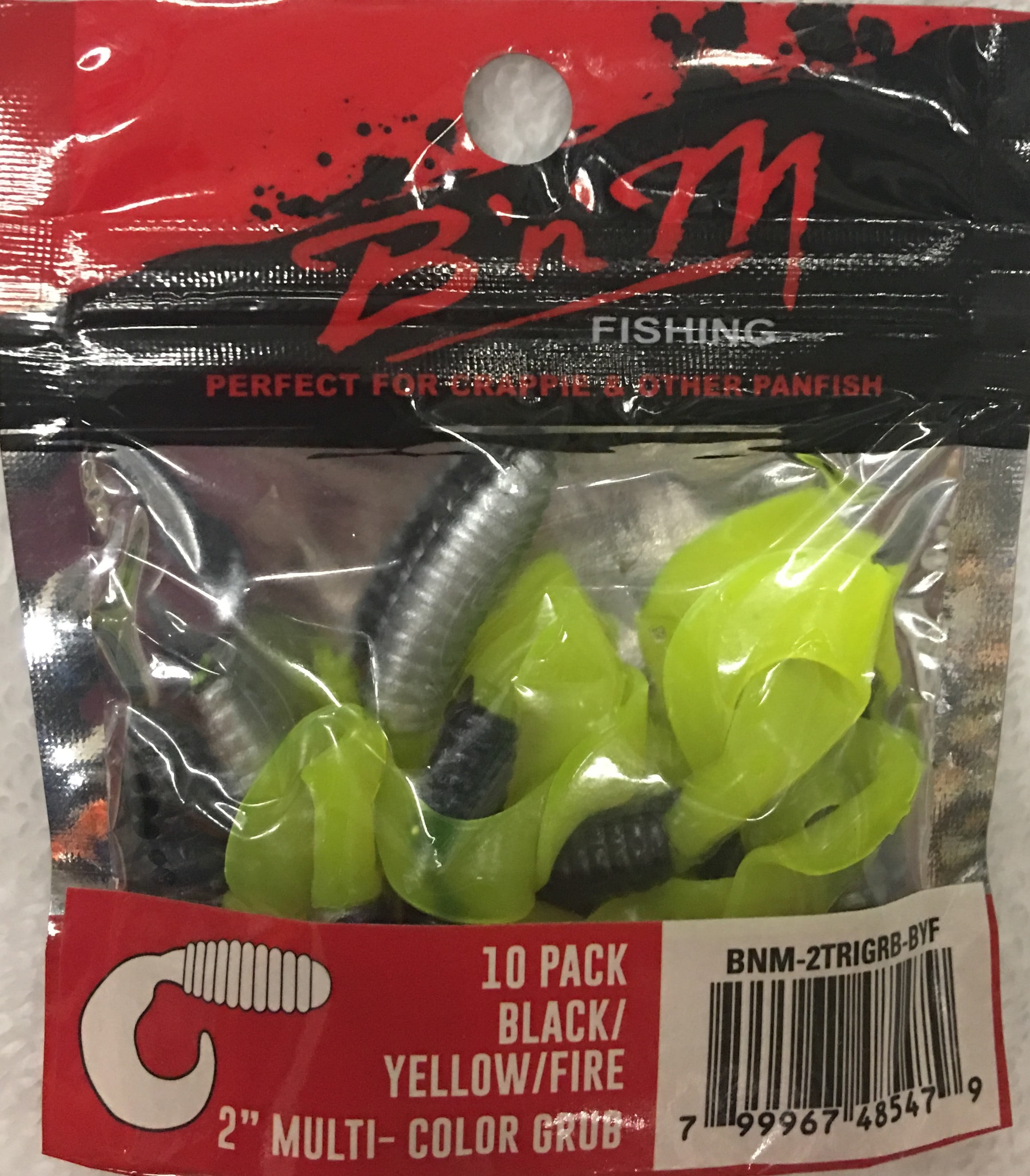 (6 pack) B'n'M 2" Curl Tail Grub Lure, Black, Yellow, & Fire, 10 Count