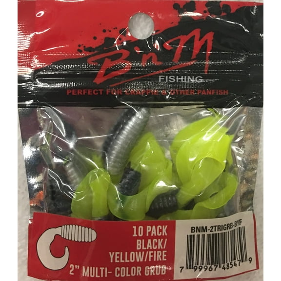 B'n'M 2" Curl Tail Grub Lure, Black, Yellow, & Fire, 10 Count