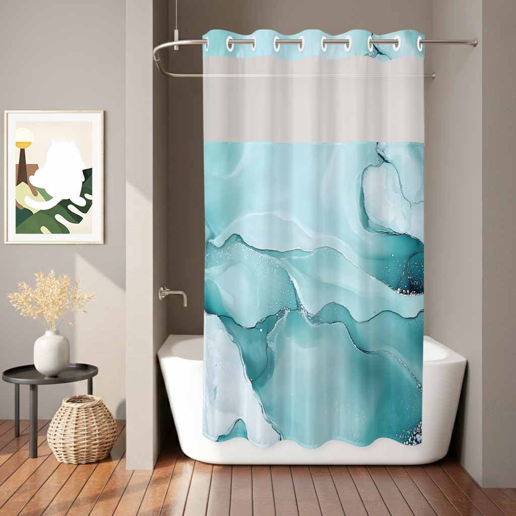 No Hook Shower Curtain,Turquoise Marble Waterproof Shower Curtains for Bathroom,Modern Abstract Art Texture Watercolor Bathroom Curtain with Mesh Top Window for Home Hotel Bathtub,Small Stall 36"x72"