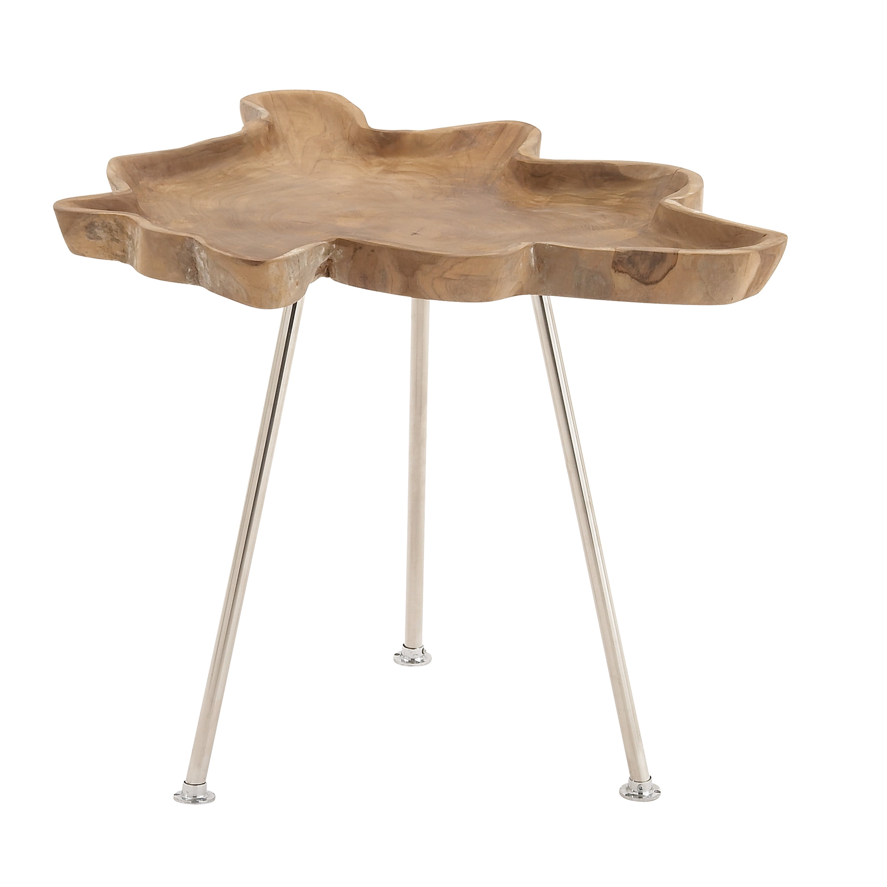 DecMode 27" x 22" Brown Teak Wood Live Edge Top Accent Table with Silver Metal Tripod Legs, 1-Piece