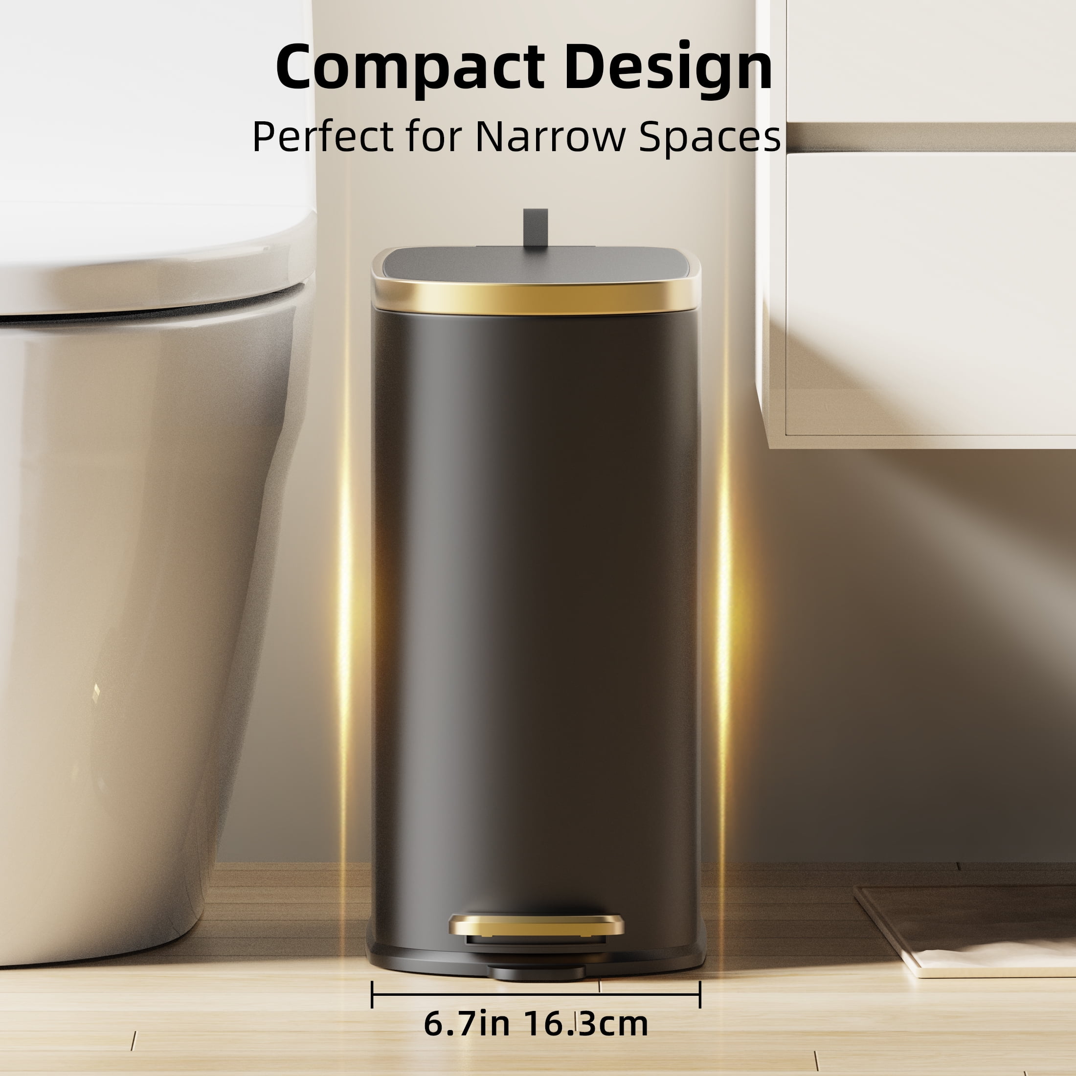 KSSKSS 2.6 Gallon/10L Slim Stainless Steel Bathroom Trash Can with Lid, Soft-Close Small Garbage Bin for Narrow Spaces, Black
