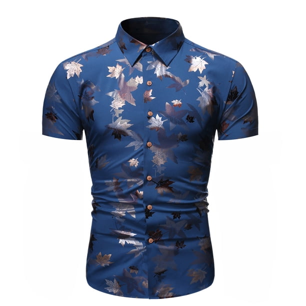 Camisa de manga corta con estampado de hoja de arce ajustada para hombre con botones informales Pompotops oipoqjl47569