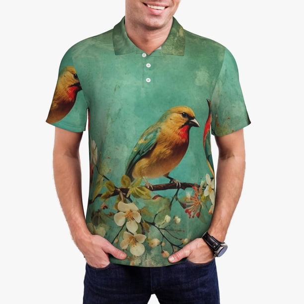 Fotbe Retro Birds Camiseta Polo de Golf para Hombre con Estampado – Camisa Deportiva Transpirable con Cuello Abotonado-3X-Large